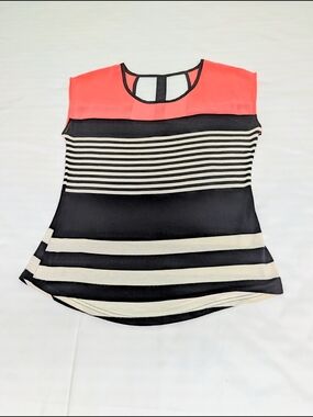 mine Salmon/Coral Yoke Black and Cream Striped Sleeveless Top
